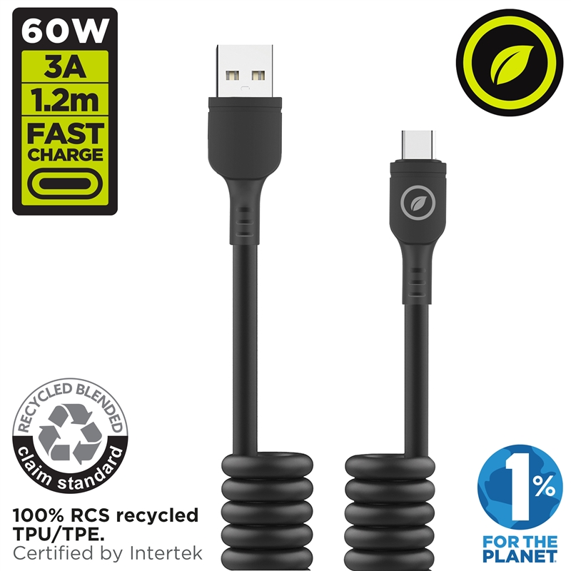 muvit for change cable rizado USB a Tipo C 3A 60w 1,2m negro