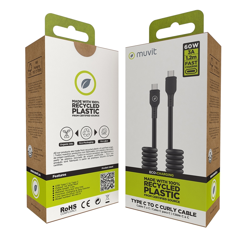 muvit for change cable rizado Tipo C a Tipo C 3A 60w 1,2m negro