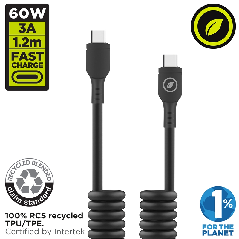muvit for change cable rizado Tipo C a Tipo C 3A 60w 1,2m negro