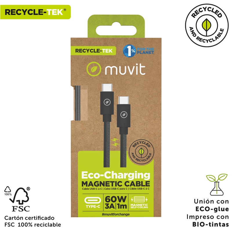 muvit for change cable magnético Tipo C a Tipo C 3A 60W 1m negro