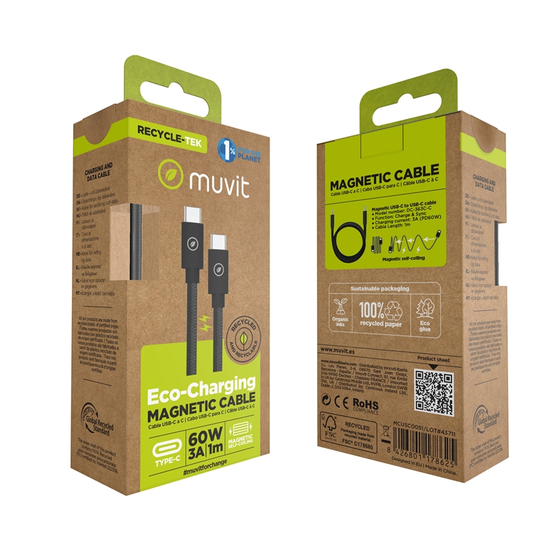 muvit for change cable magnético Tipo C a Tipo C 3A 60W 1m negro