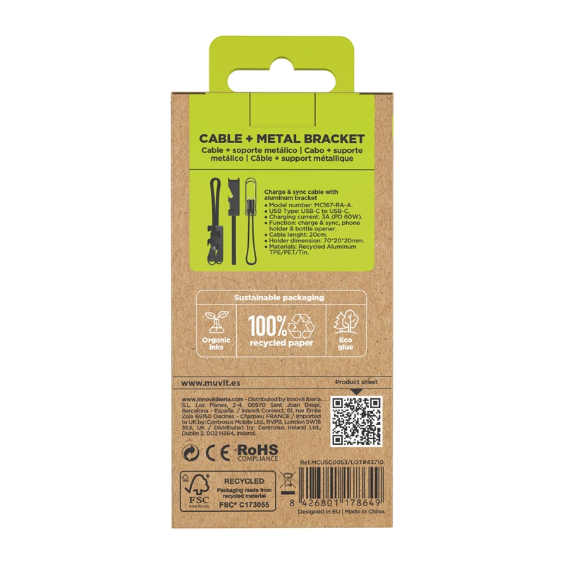 muvit for change cable Llavero con función soporte Tipo C a Tipo C 3A 60W negro y gris