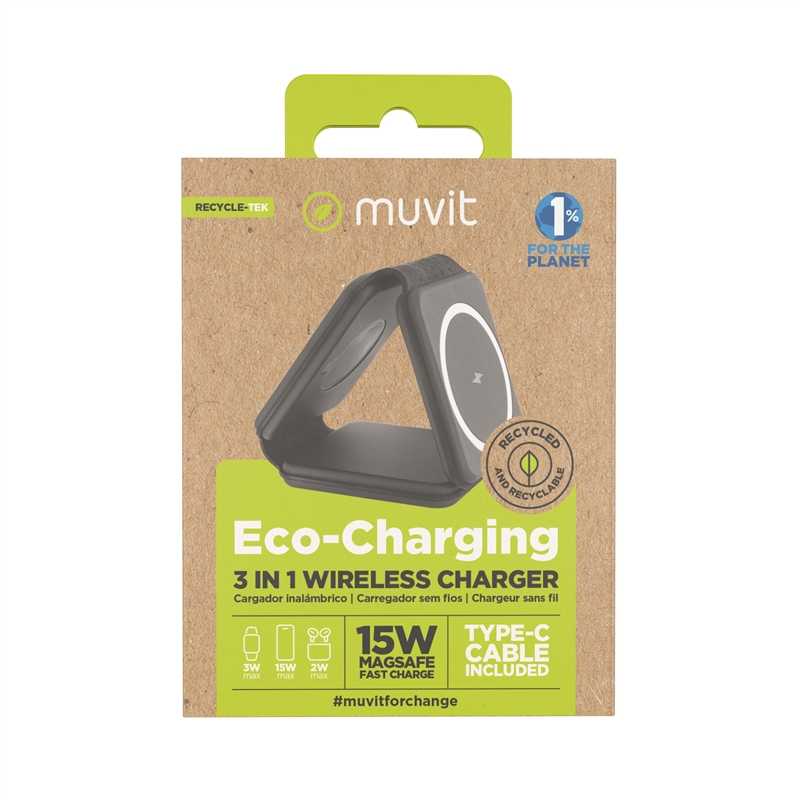 muvit for change cargador 3 en 1 compacto wireless con magsafe+Watch+Airpod plegable negro