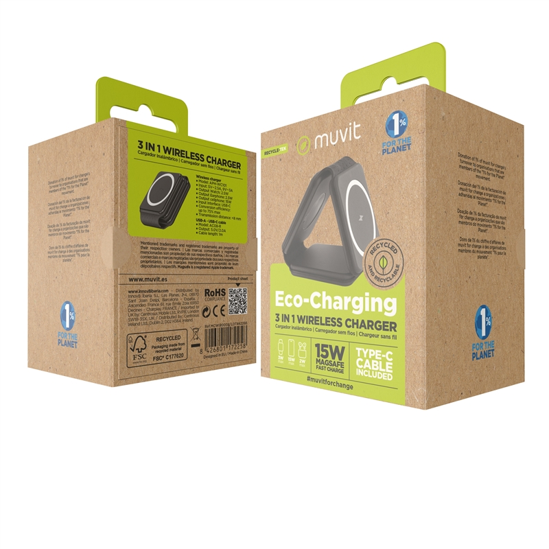 muvit for change cargador 3 en 1 compacto wireless con magsafe+Watch+Airpod plegable negro