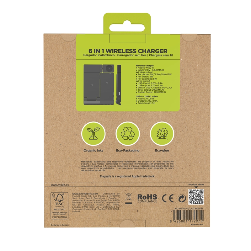 muvit for change base cargadora inalambrica 6 en 1 plegable smartphone+Watch+Airpods+dos puertos USB A+C negra