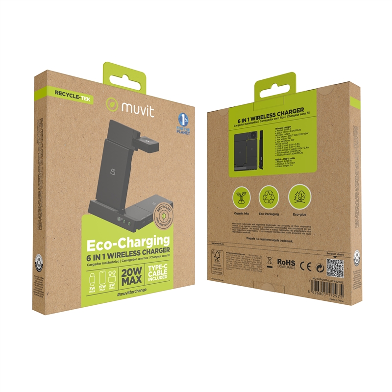 muvit for change base cargadora inalambrica 6 en 1 plegable smartphone+Watch+Airpods+dos puertos USB A+C negra