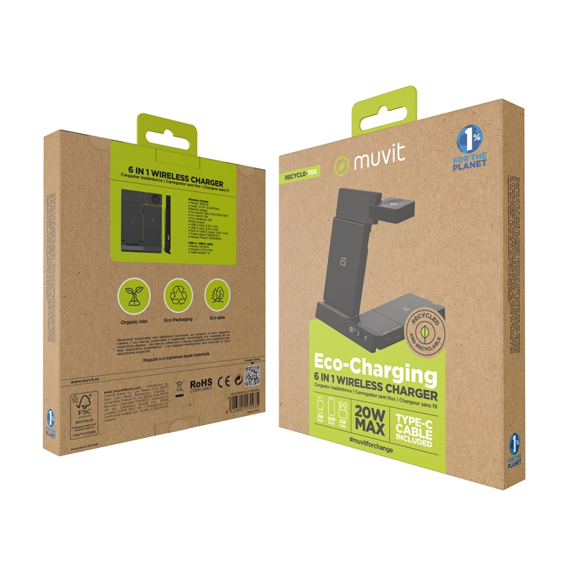 muvit for change base cargadora inalambrica 6 en 1 plegable smartphone+Watch+Airpods+dos puertos USB A+C negra