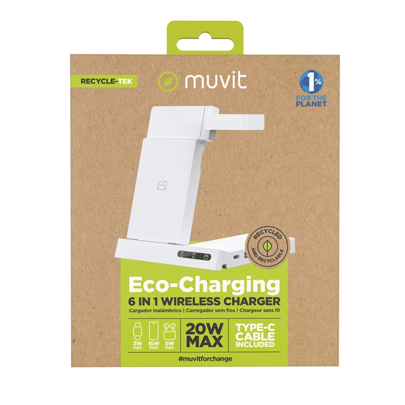 muvit for change base cargadora inalambrica 6 en 1 plegable smartwatch + iWatch + Airpods + dos puertos USB A + C blanca