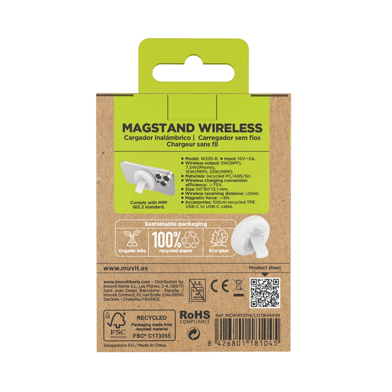 muvit for change cargador inalámbrico Qi2 25W con soporte blanco