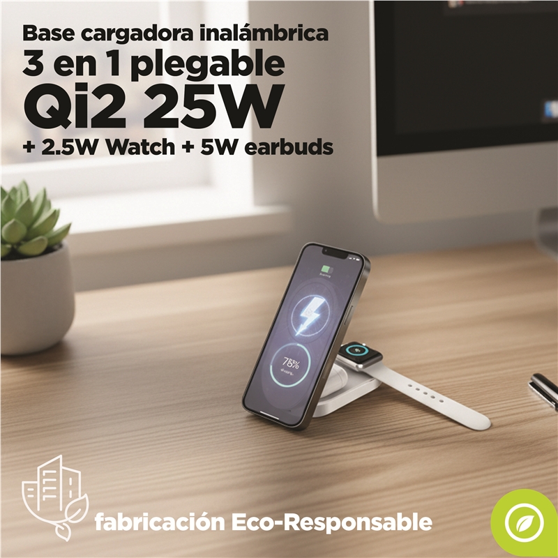 muvit for change base cargadora inalámbrica 3 en 1 plegable Qi2 25W + 2.5W Watch + 5W earbuds blanca