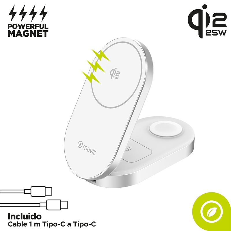 muvit for change base cargadora inalámbrica 3 en 1 plegable Qi2 25W + 2.5W Watch + 5W earbuds blanca