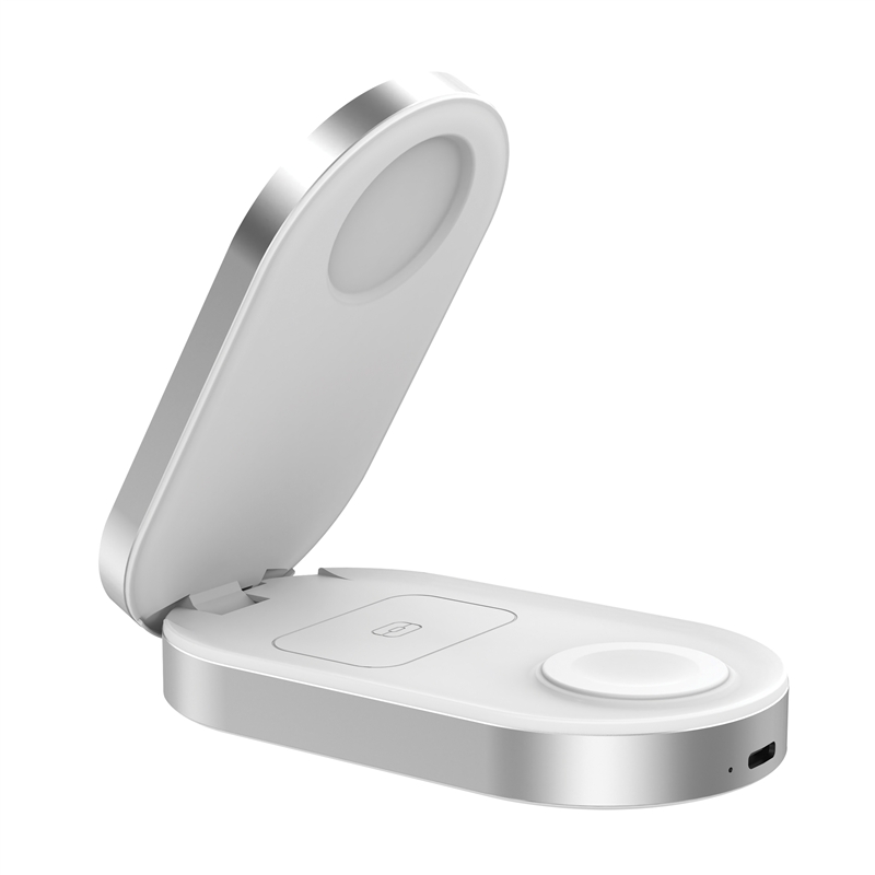 muvit for change base cargadora inalámbrica 3 en 1 plegable Qi2 25W + 2.5W Watch + 5W earbuds blanca