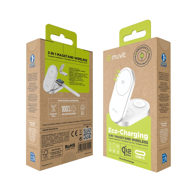 muvit for change base cargadora inalámbrica 3 en 1 plegable Qi2 25W + 2.5W Watch + 5W earbuds blanca