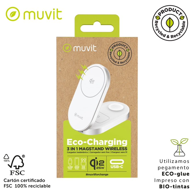 muvit for change base cargadora inalámbrica 3 en 1 plegable Qi2 25W + 2.5W Watch + 5W earbuds blanca